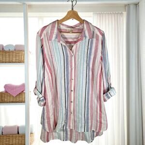 Jane and Delancey Women's 1X Linen Blend Roll Sleeve Button Front Blouse READ